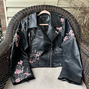 Driftwood Floral Embroidered Faux-Leather Moto Jacket XL
